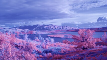 Fototapeta premium Infrared vision across a landscape, visualizing the world with heat signatures highlighted no splash