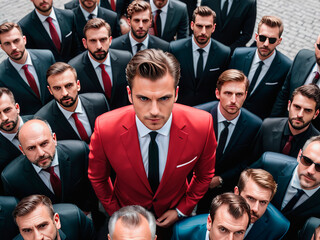 a business team with a boss in a red suit