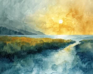 Fotobehang Watercolor painting of an abstract bucolic landscape, exuding countryside aesthetic and classic vibes © Matthew
