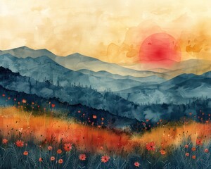A watercolor painting showcases the essence of a bucolic landscape, radiating countryside aesthetic and classic vibes.





