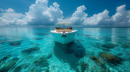 White Motorboat on tropical island in the maldives