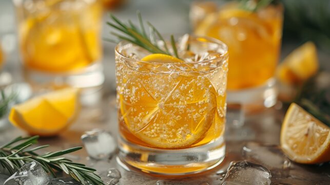  A high-resolution image of a glass filled with freshly squeezed lemonade, adorned with a sprig of rosemary on its edge