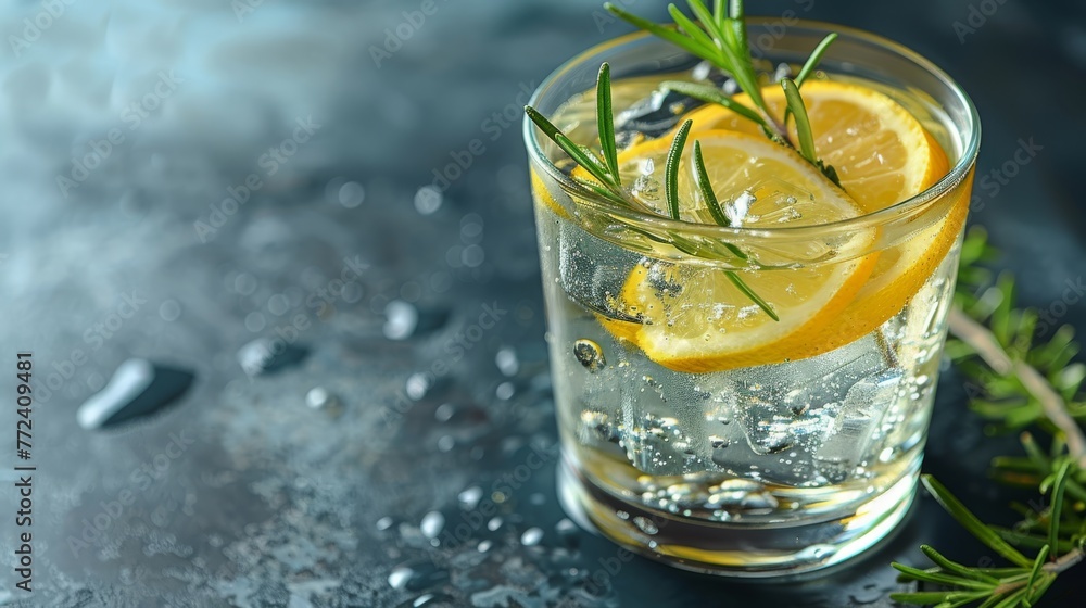 Poster a macro image showing a transparent cup filled with water, containing a lemon wedge and a sprig of r