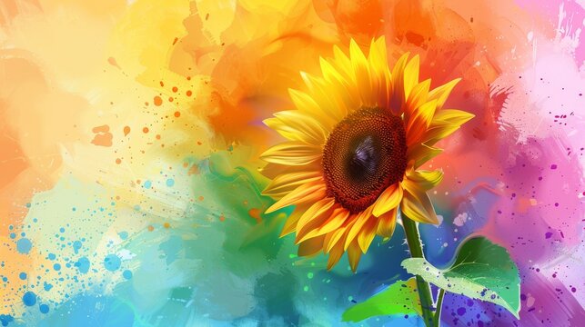  A sunflower painting with vibrant colors, a colorful backdrop, and a splash of paint adds a pop