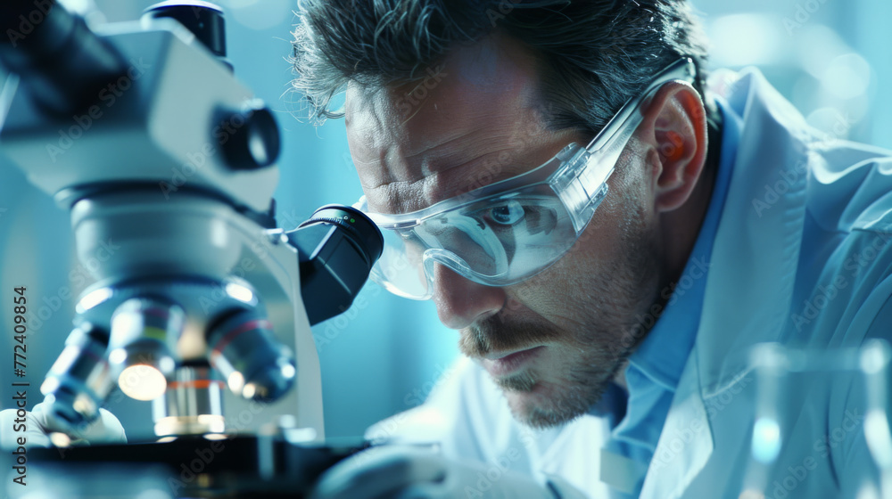 Poster a scientist peers through a microscope in a dimly lit lab.