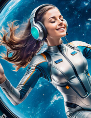 An astronaut girl in outer space listens to music with headphones