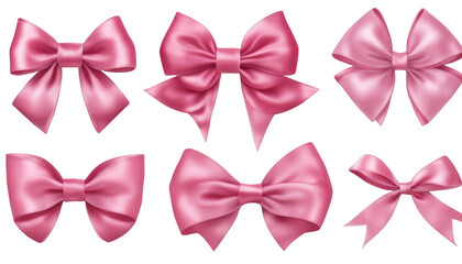 Collection of Pink satin ribbon bow isolate on transparent background, cutout, png