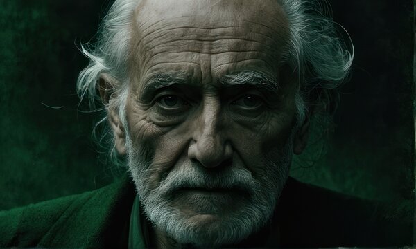 Close up photography of old poor homeless man with a sad look on his face 