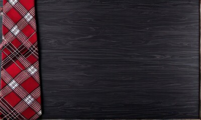 Fototapeta premium Father's Day poster or banner, Top view on men's fashionable dark striped tie on rustic dark wood background. The concept of Fathers Day greeting card, copy space. Greetings for Father's Day.