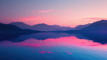 Obraz premium A serene dusky scene unfolds with shades of purple and pink reflecting over the calm waters against a mountain silhouette