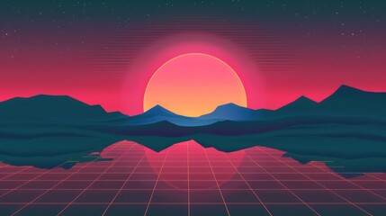 A digital retro-futuristic synthwave landscape featuring a radiant sunset behind a mountain range with a grid foreground conjuring up nostalgic 80s vibes - obrazy, fototapety, plakaty