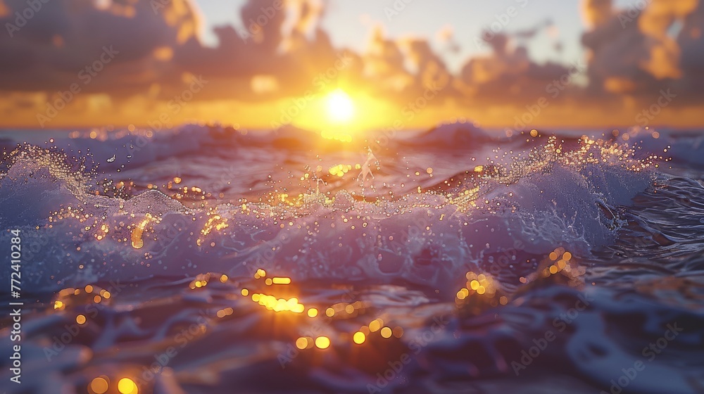 Poster a large body of water with waves in the foreground and clouds in the background is where the sun is 