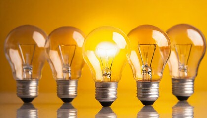 One outstanding idea concept with light bulbs on a yellow background 