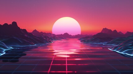 A mesmerizing neon-lit retro synthwave sunset with a radiant sun dipping below a mountainous digital landscape reflecting on water - obrazy, fototapety, plakaty