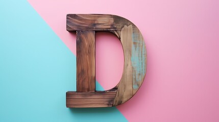 Letter D in wood on Pink and blue combination background