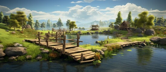 Obraz premium Wooden bridge crosses river in lush green field under blue sky