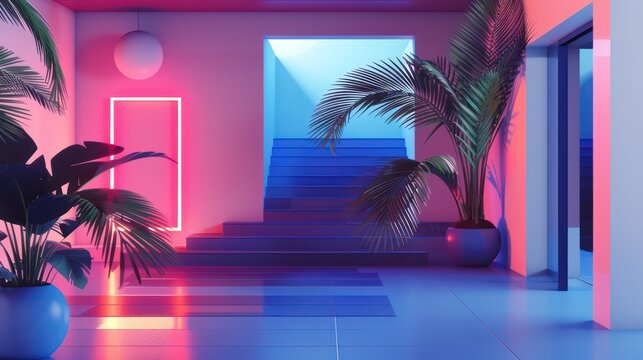 This image showcases a modern interior with neon lights creating a vibrant atmosphere, featuring stairs leading to a doorway and lush potted plants