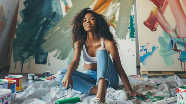 A smiling woman sits on the floor with a paint roller in her hand, surrounded by paint cans and brushes.