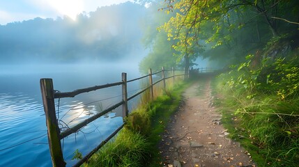 Footpath with a wooden fence by the misty lake early morning view with sun shinning through the fog