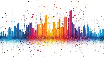 Photo sur Aluminium Peinture d aquarelle gratte-ciel An artistic representation of a city skyline in vibrant colors splashed with paint droplets for a modern, abstract effect