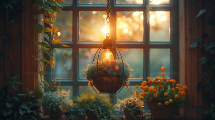  A hanging planter filled with flowers in front of a sunlit window - obrazy, fototapety, plakaty