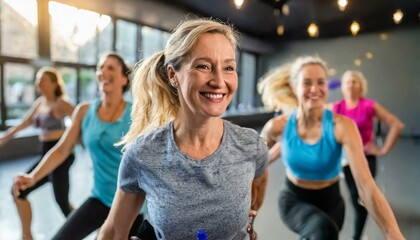  Middle-aged women enjoying a joyful dance class, candidly expressing their active lifestyle through Zumba with friends - obrazy, fototapety, plakaty