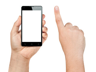 Closeup hand holding and showing smartphone or mobile with blank screen and index finger ready to...