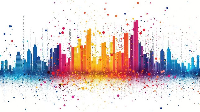 An artistic representation of a city skyline in vibrant colors splashed with paint droplets for a modern, abstract effect