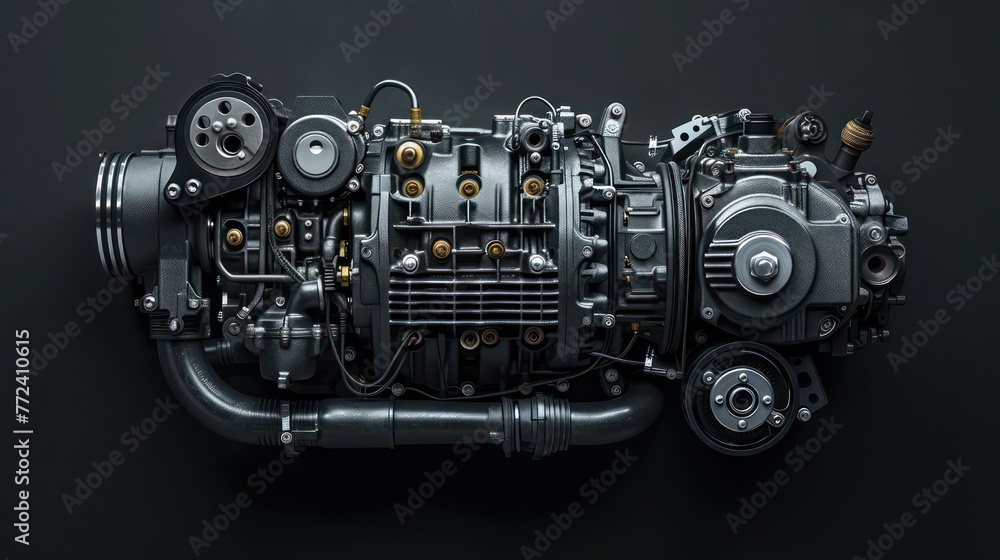 Poster a high-resolution image showcasing a complex car engine with various components, set against a sleek