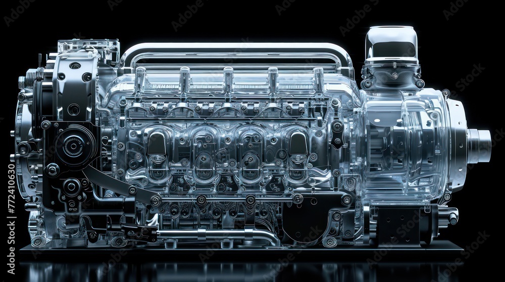 Poster x-ray style illustration of a transparent car engine with visible internal parts isolated on a black