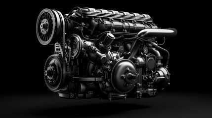 Detailed illustration of a black car engine with intricate components showcasing automotive design and engineering on a dark, sleek background - obrazy, fototapety, plakaty