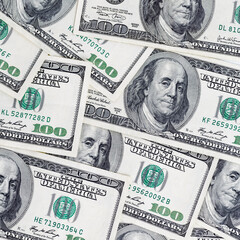 Money american hundred dollar bills.Dollar bills background.Closeup of assorted American...