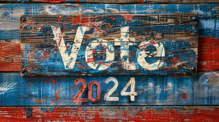 Inscription "Vote 2024", painted on old weathered wooden surface, symbolic red, white and blue color palette, atmosphere of election day in United States. Patriotic theme, sign. Copy space.