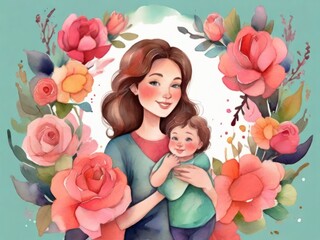 Watercolor illustration of a smiling mother and daughter cuddling, perfect for mother's day banner and family-related content.