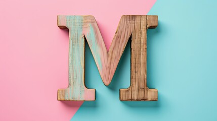 Letter M in wood on Pink and blue combination background