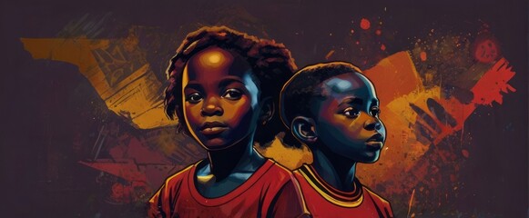 Dramatic Illustration of African American children with colorful background elements.. Black History Is American History, Juneteenth month
