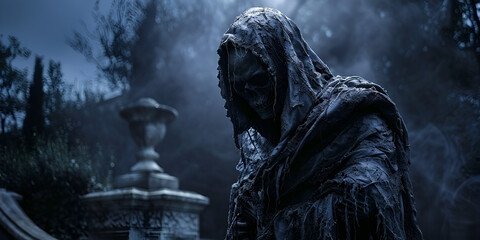 The Grim Reaper Death personified statue wanders in the dark night. generative ai