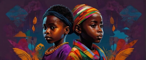Dramatic Illustration of African American children with colorful background elements.. Black History Is American History, Juneteenth month
 - obrazy, fototapety, plakaty