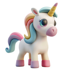 Pretty cartoon unicorn with a horn character isolated on white background, clipart, cutout. Png with transparent background. 3d cute smiling horse.