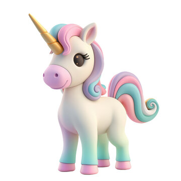 Pretty cartoon unicorn with a horn character isolated on white background, clipart, cutout. Png with transparent background. 3d cute smiling pastel horse.