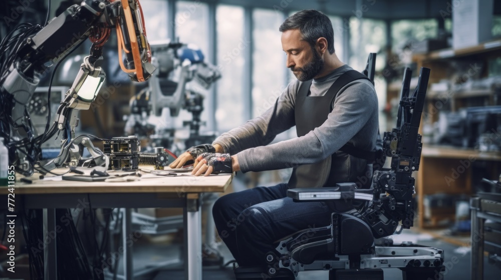 Aufkleber A male engineer, a scientist working on a prototype of a bionic exoskeleton, a robot in a robotics laboratory.