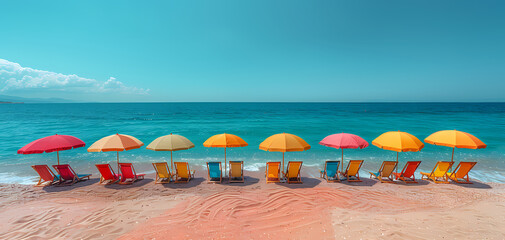 A serene beach setting with multiple colorful umbrellas and matching lounge chairs lined up on sandy shore