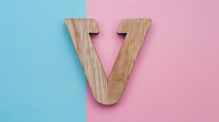 Letter V in wood on Pink and blue combination background