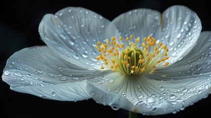  A macro shot of a pure white bloom, adorned with dewdrops on its velvet petals, and the focal point being the floral core (15