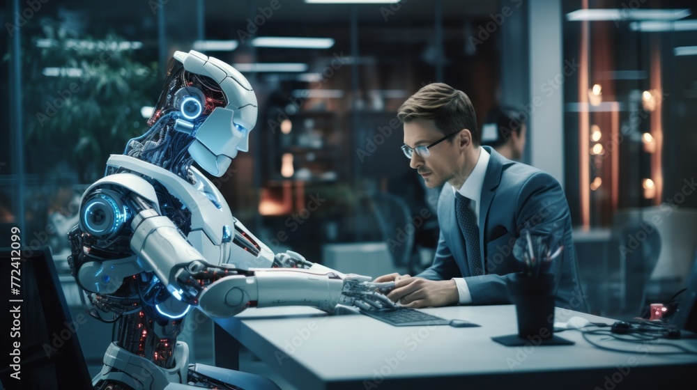 Poster An electronics engineer is a man working on a prototype of a bionic exoskeleton, a robot in the Laboratory of Robotics, Computer Research.