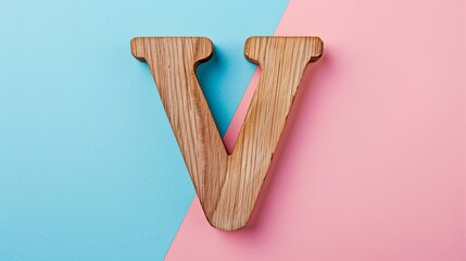 Letter V in wood on Pink and blue combination background