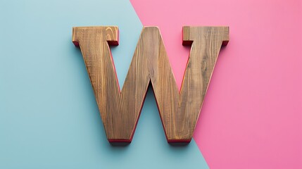 Letter W in wood on Pink and blue combination background