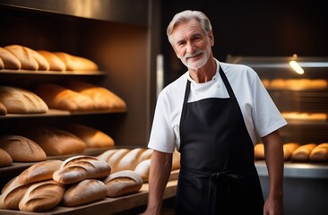 Portrait of senior man selling fresh bread in her bakery