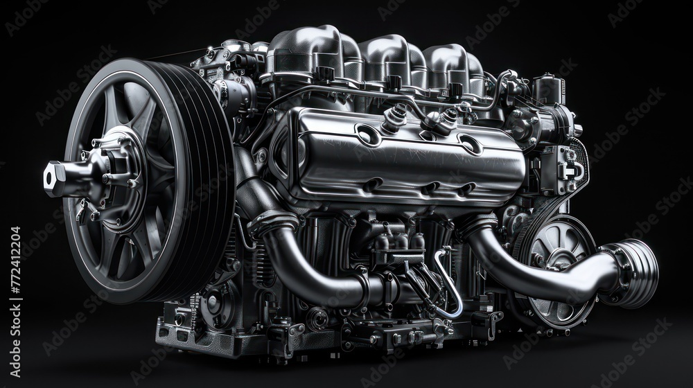 Poster a meticulously rendered image of a car engine showcasing its complex structure and machinery on a sl