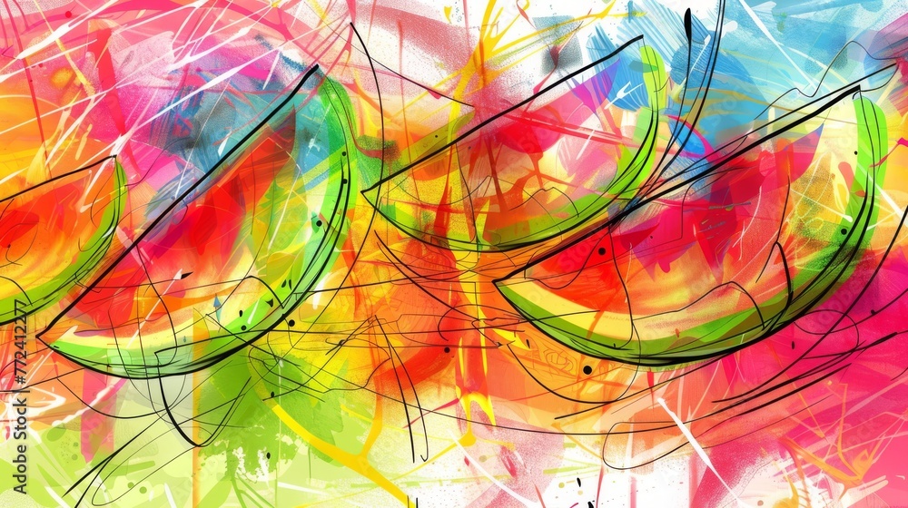 Poster a vibrant, multicolored abstract artwork featuring dynamic lines and intricate swirls against a pris